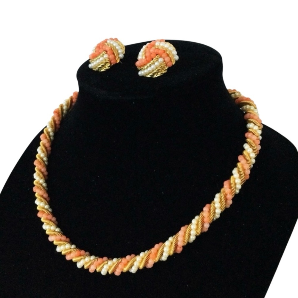 Vtg 80s Twisted Bead Rope Necklace & Earrings Set Gold-Tone, Faux Coral & Pearls - Picture 5 of 16